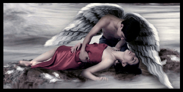 Мужчина Ангел сидит над лежащей умершей девушкой