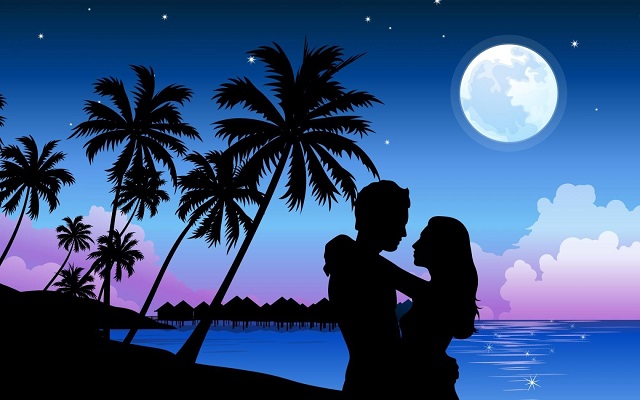 Силуэт парня и девушки ночью на острове с пальмами