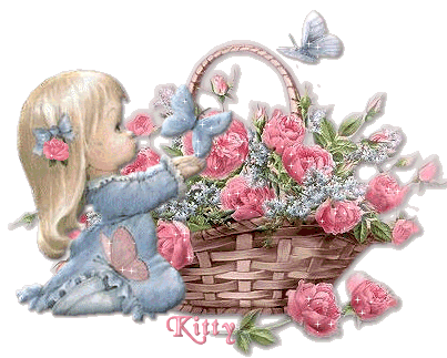 Девочка и корзина с розами, бабочки